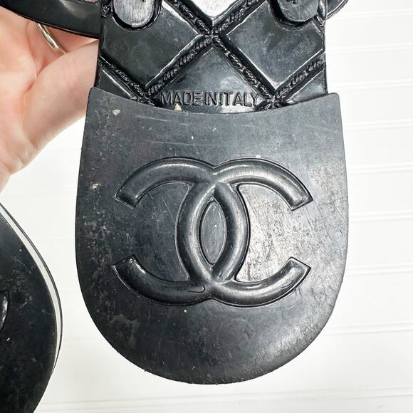 Chanel Black Camellia Flower Rubber Flip Flops Sandals Logo Size 40 Jelly PVC - Picture 4 of 7
